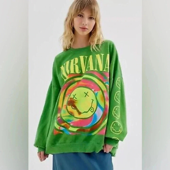 Urban Outfitters Nirvana Smiley Face Oversized Crewneck Sweatshirt Pullover band - Picture 1 of 6